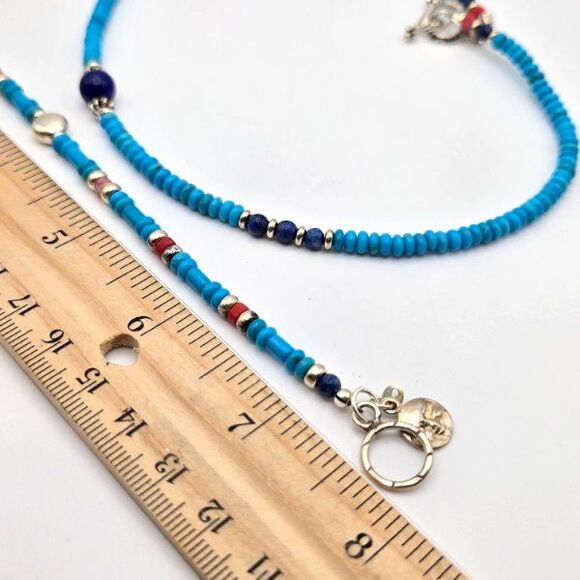 Artisan Set Blue‎ Turquoise Lapis Lazuli Red Coral 925 Silver Necklace Bracelet - Picture 6 of 6